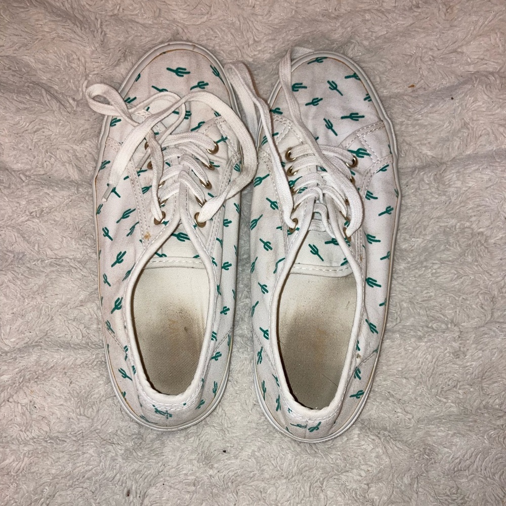 White Sneakers with Green Cactus Print